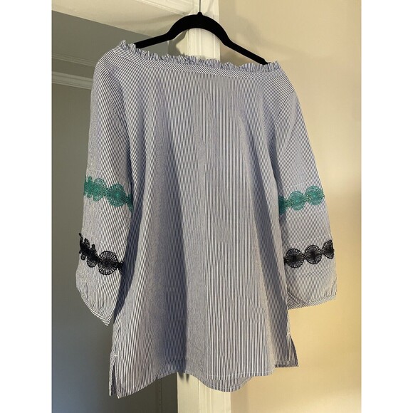 Talbots Small Blue/White Striped Embroidered Coastal Boho Bishop Cotton Top Work - Picture 6 of 8